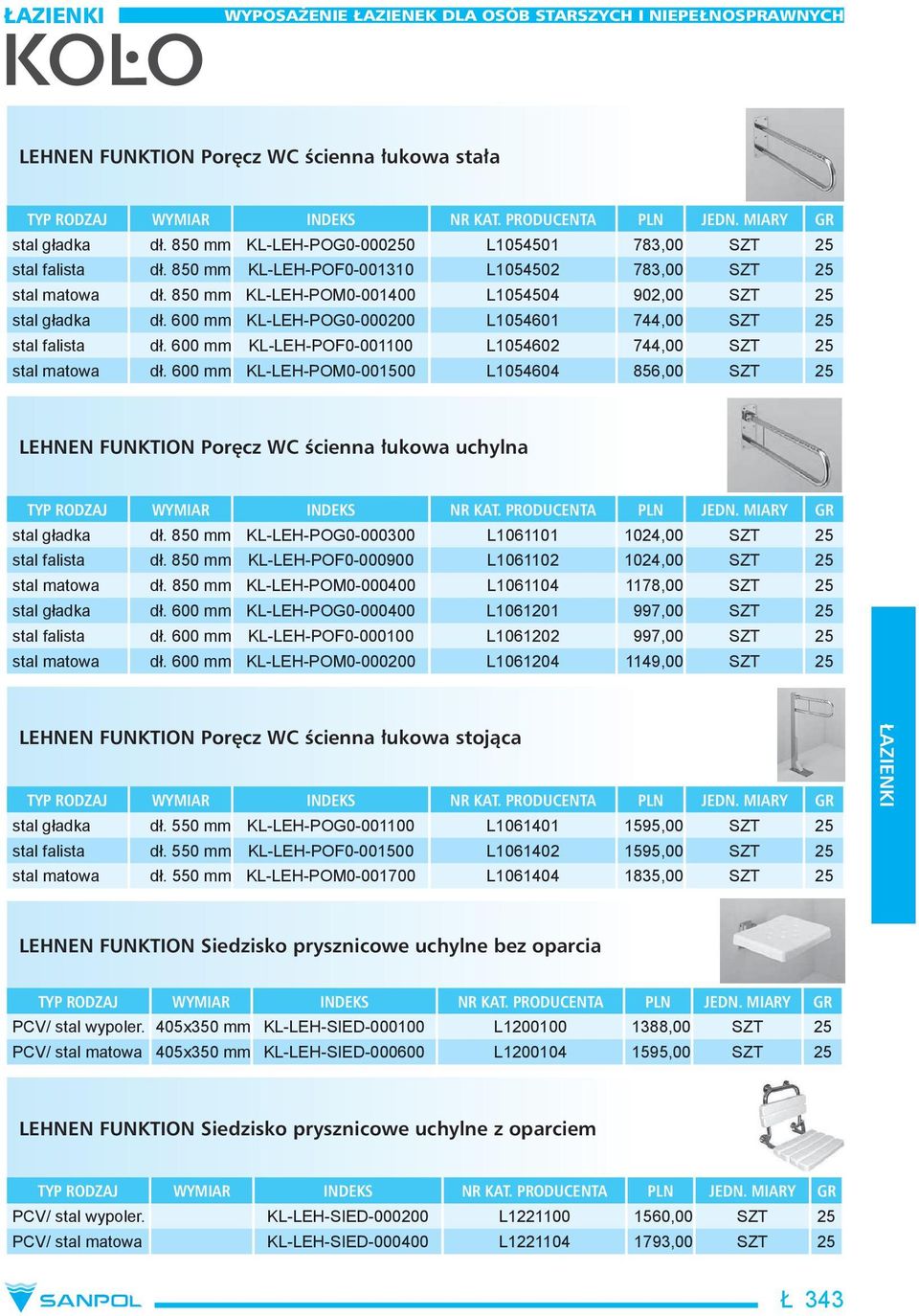 600 mm KL-LEH-POM0-001500 L1054604 856,00 SZT 25 LEHNEN FUNKTION Poręcz WC ścienna łukowa uchylna stal gładka dł. 850 mm KL-LEH-POG0-000300 L1061101 1024,00 SZT 25 stal falista dł.