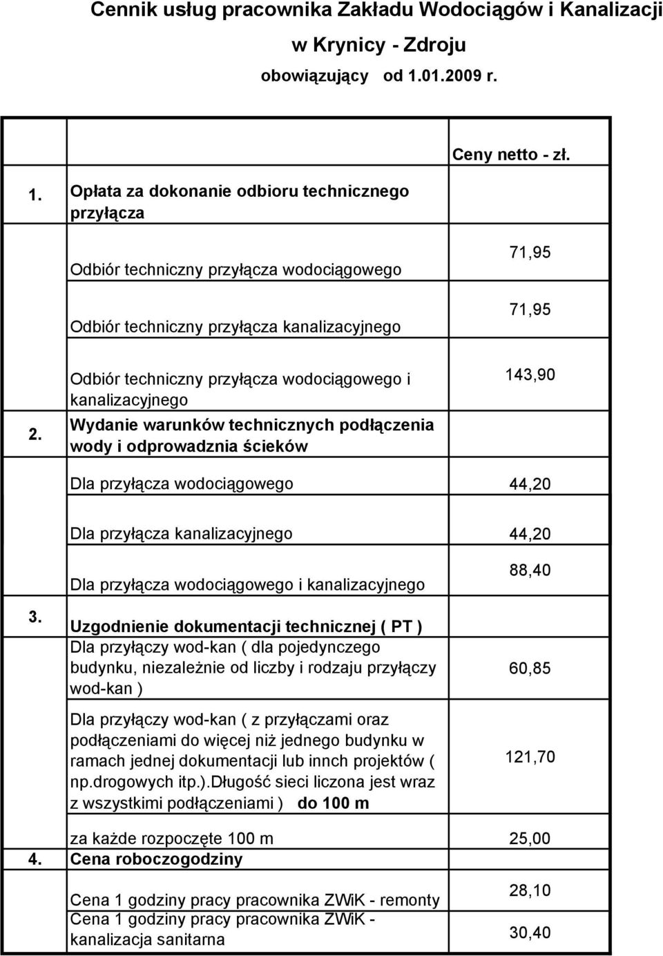 Odbiór techniczny przyłącza wodociągowego i kanalizacyjnego Wydanie warunków technicznych podłączenia wody i odprowadznia ścieków 143,90 Dla przyłącza wodociągowego 44,20 Dla przyłącza