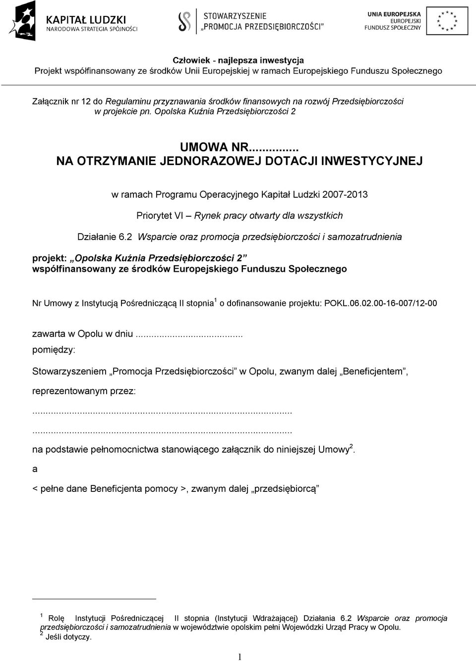 2 Wsparcie oraz promocja przedsiębiorczości i samozatrudnienia projekt: Opolska Kuźnia Przedsiębiorczości 2 współfinansowany ze środków Europejskiego Funduszu Społecznego Nr Umowy z Instytucją