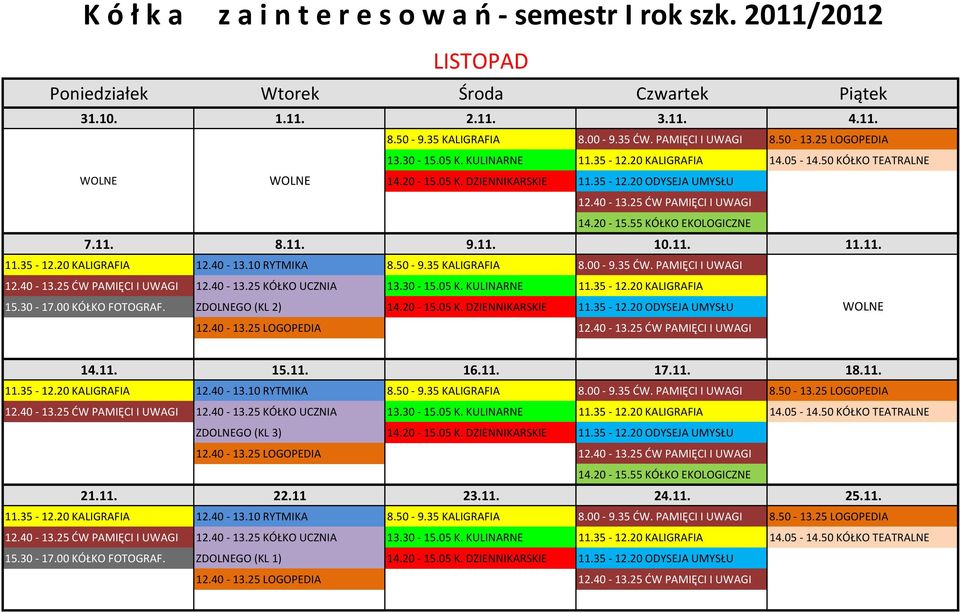 11. 9.11. 10.11. 11.11. 15.30-17.00 KÓŁKO FOTOGRAF. ZDOLNEGO (KL 2) 14.20-15.05 K. DZIENNIKARSKIE 11.35-12.20 ODYSEJA UMYSŁU WOLNE 14.11. 15.11. 16.