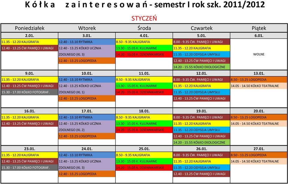 30-17.00 KÓŁKO FOTOGRAF. 16.01. 17.01. 18.01. 19.01. 20.01. ZDOLNEGO (KL 2) 14.