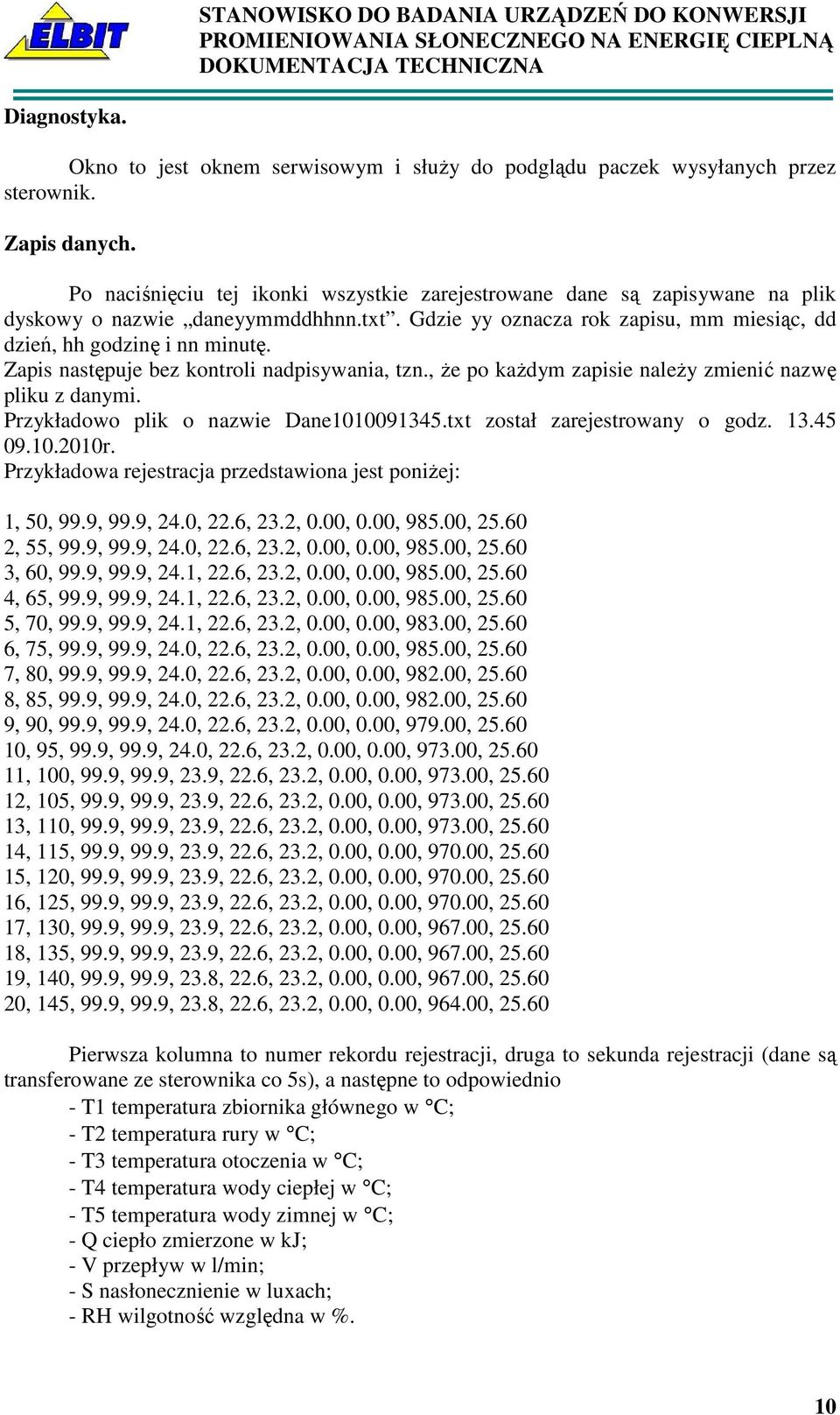 Zapis następuje bez kontroli nadpisywania, tzn., Ŝe po kaŝdym zapisie naleŝy zmienić nazwę pliku z danymi. Przykładowo plik o nazwie Dane1010091345.txt został zarejestrowany o godz. 13.45 09.10.2010r.