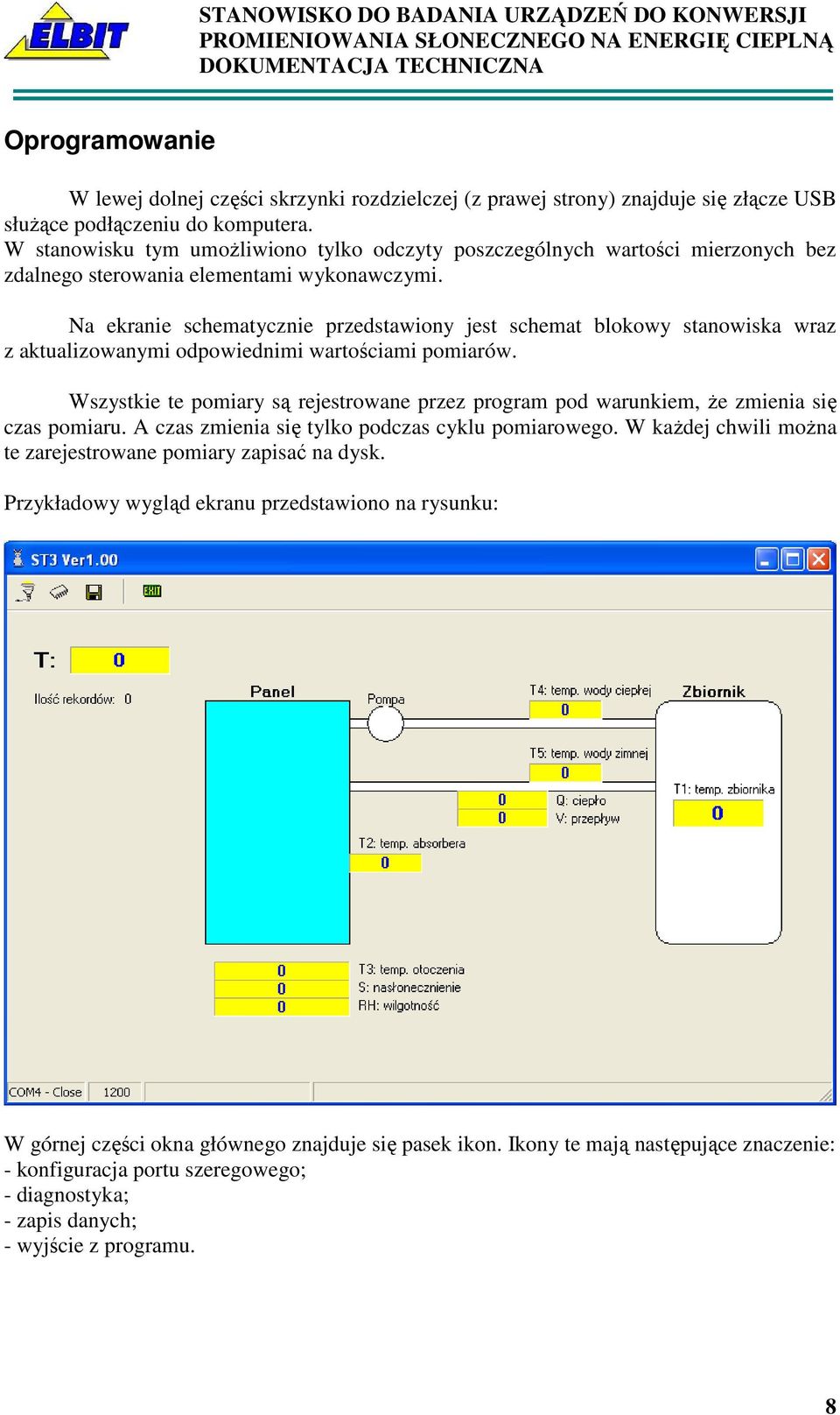 Na ekranie schematycznie przedstawiony jest schemat blokowy stanowiska wraz z aktualizowanymi odpowiednimi wartościami pomiarów.