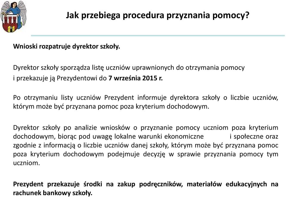 Po otrzymaniu listy uczniów Prezydent informuje dyrektora szkoły o liczbie uczniów, którym może być przyznana pomoc poza kryterium dochodowym.