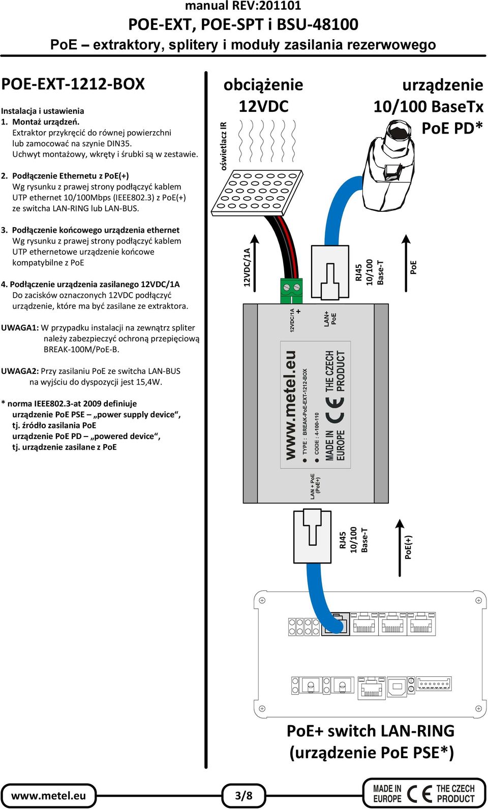 oświetlacz IR obciążenie 12VDC urządzenie 10/100 BaseTx PoE PD* 3.