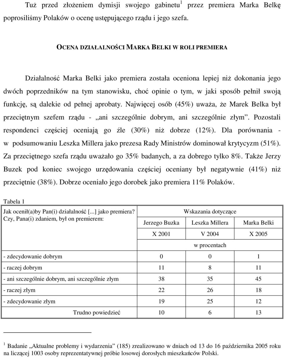 opinie o tym, w jaki sposób pełnił swoją funkcję, są dalekie od pełnej aprobaty. Najwięcej osób (45%) uważa, że Marek Belka był przeciętnym szefem rządu - ani szczególnie dobrym, ani szczególnie złym.