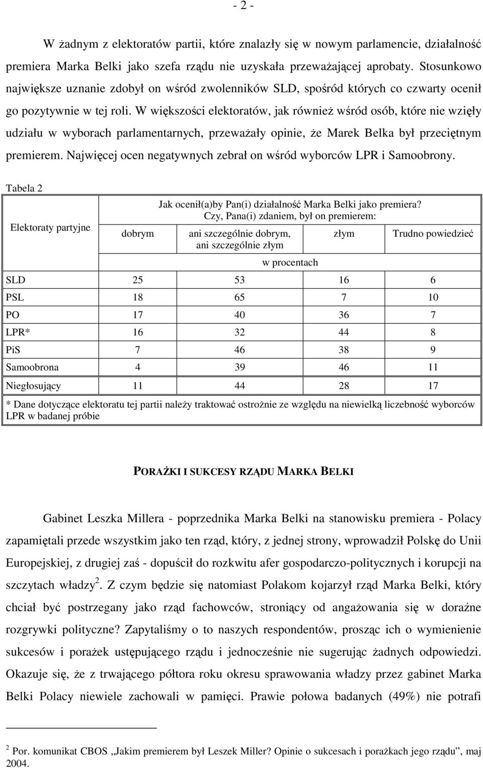 W większości elektoratów, jak również wśród osób, które nie wzięły udziału w wyborach parlamentarnych, przeważały opinie, że Marek Belka był przeciętnym premierem.