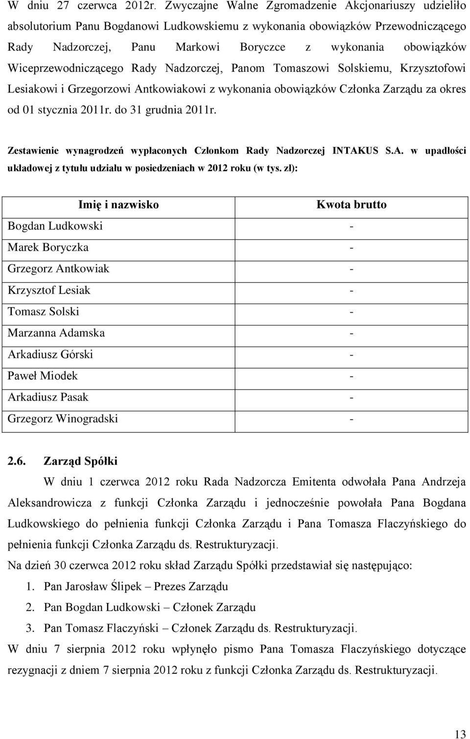 Wiceprzewodniczącego Rady Nadzorczej, Panom Tomaszowi Solskiemu, Krzysztofowi Lesiakowi i Grzegorzowi Antkowiakowi z wykonania obowiązków Członka Zarządu za okres od 01 stycznia 2011r.