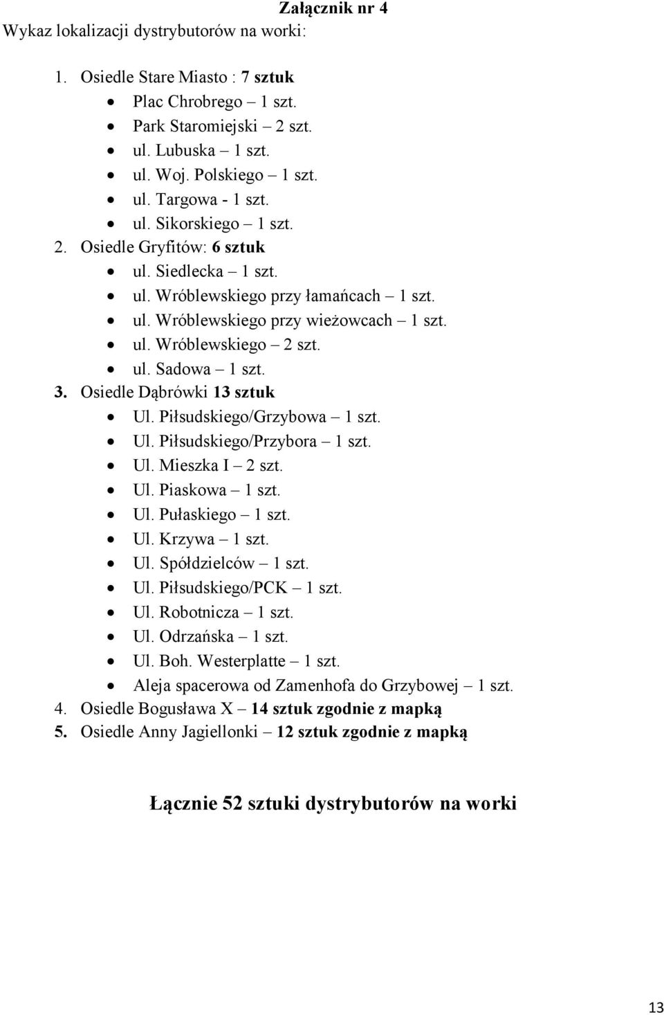 Osiedle Dąbrówki 13 sztuk Ul. Piłsudskiego/Grzybowa 1 szt. Ul. Piłsudskiego/Przybora 1 szt. Ul. Mieszka I 2 szt. Ul. Piaskowa 1 szt. Ul. Pułaskiego 1 szt. Ul. Krzywa 1 szt. Ul. Spółdzielców 1 szt. Ul. Piłsudskiego/PCK 1 szt.