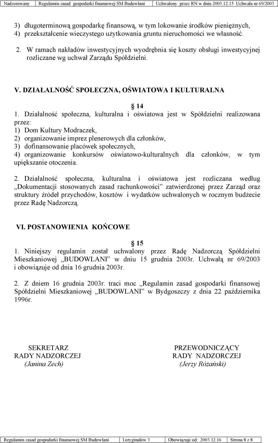 Działalność społeczna, kulturalna i oświatowa jest w Spółdzielni realizowana przez: 1) Dom Kultury Modraczek, 2) organizowanie imprez plenerowych dla członków, 3) dofinansowanie placówek społecznych,