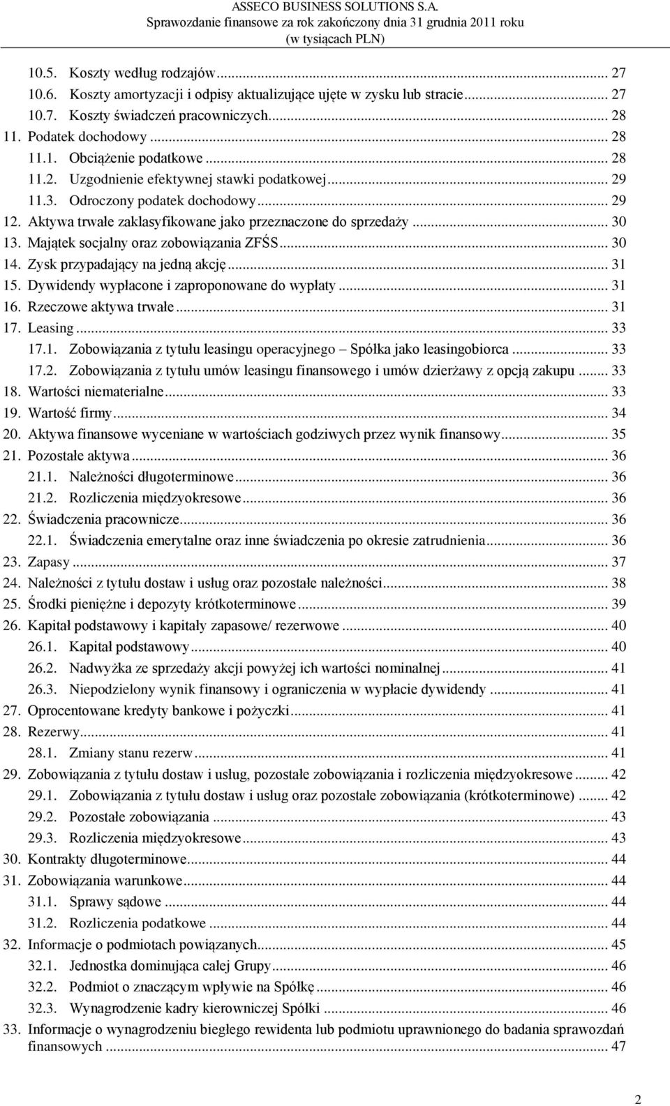 Majątek socjalny oraz zobowiązania ZFŚS... 30 14. Zysk przypadający na jedną akcję... 31 15. Dywidendy wypłacone i zaproponowane do wypłaty... 31 16. Rzeczowe aktywa trwałe... 31 17. Leasing... 33 17.