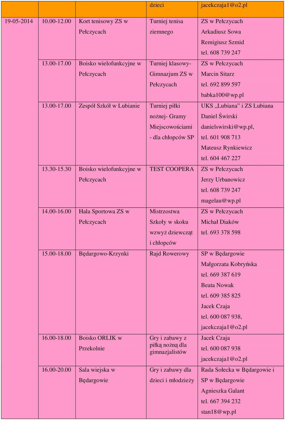 00 Hala Sportowa ZS w noŝnej- Gramy Miejscowościami - dla chłopców SP TEST COOPERA Mistrzostwa Szkoły w skoku wzwyŝ dziewcząt i chłopców ZS w ZS w Marcin Sitarz tel.