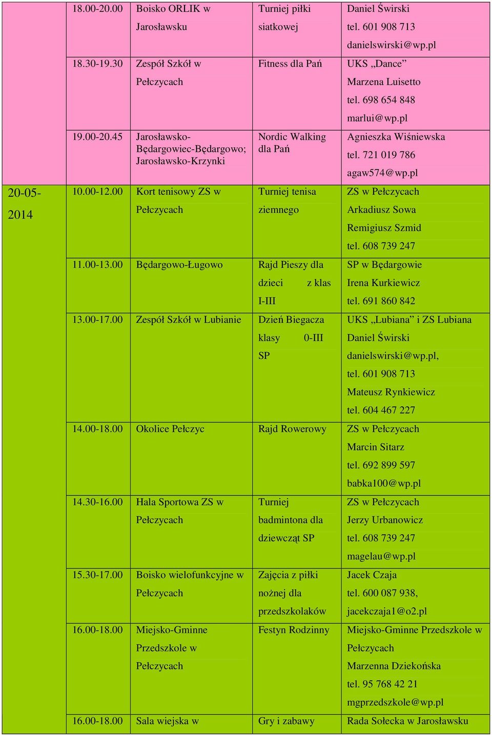 00 Okolice Pełczyc Rajd Rowerowy ZS w 14.30-16.00 Hala Sportowa ZS w 15.30-17.00 Boisko wielofunkcyjne w 16.00-18.