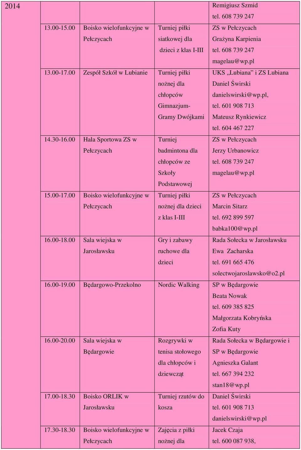 00 Hala Sportowa ZS w Turniej badmintona dla chłopców ze Szkoły ZS w Podstawowej 15.00-17.00 Boisko wielofunkcyjne w noŝnej dla z klas I-III ZS w Marcin Sitarz tel. 692 899 597 babka100@wp.pl 16.