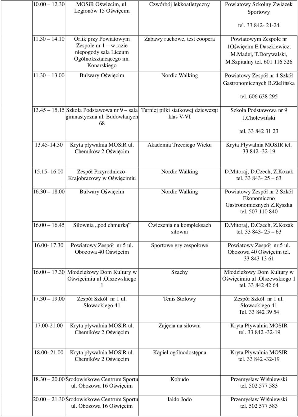 Szpitalny tel. 601 116 526 11.30 13.00 Bulwary Nordic Walking Powiatowy Zespół nr 4 Szkół Gastronomicznych B.Zielińska tel. 606 638 295 13.45 15.15 Szkoła Podstawowa nr 9 sala gimnastyczna ul.