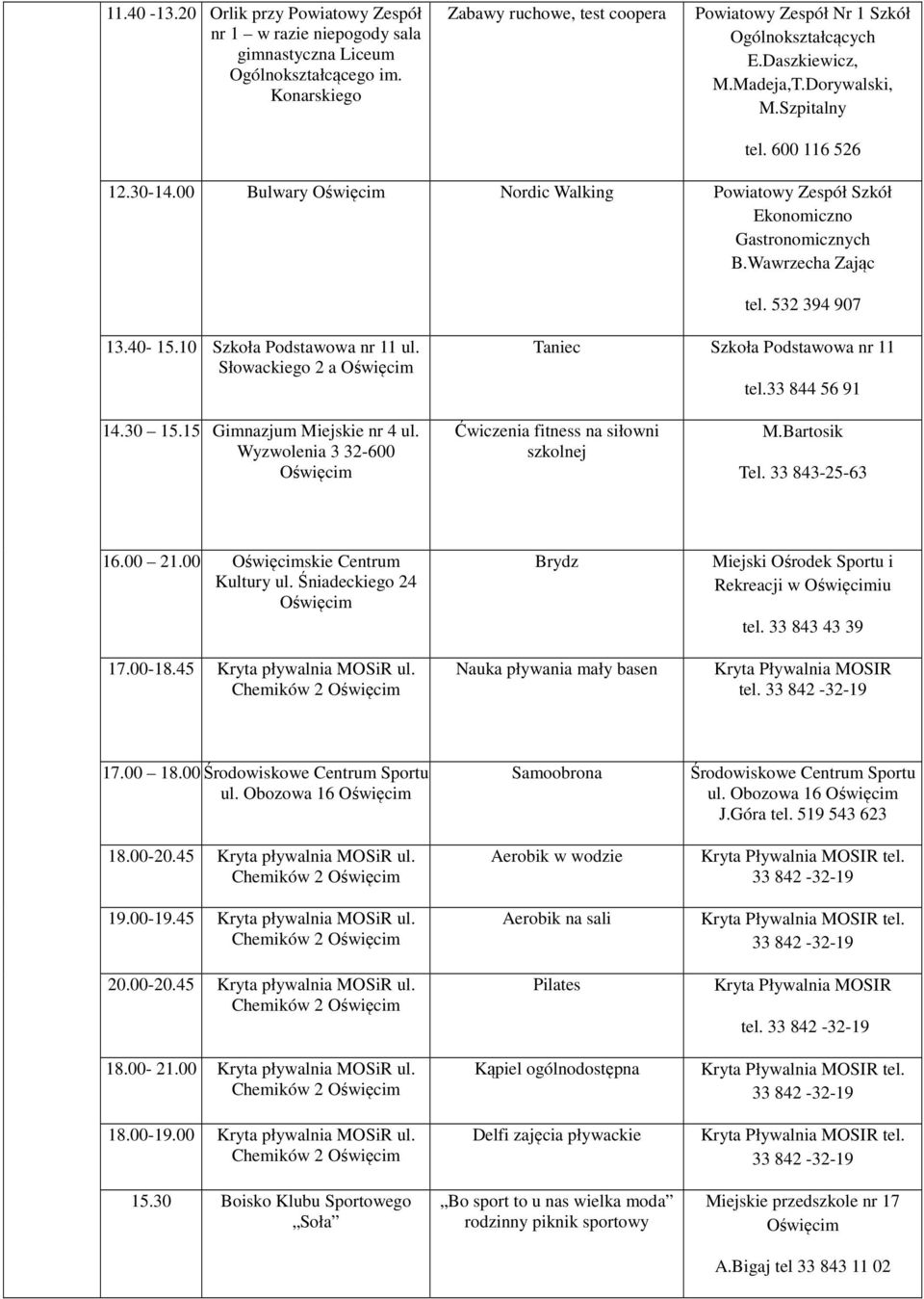 00 Bulwary Nordic Walking Powiatowy Zespół Szkół Gastronomicznych B.Wawrzecha Zając tel. 532 394 907 13.40-15.10 Szkoła Podstawowa nr 11 ul. Słowackiego 2 a Taniec Szkoła Podstawowa nr 11 tel.