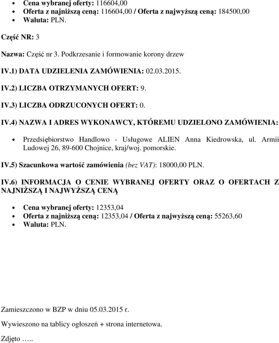 Przedsiębiorstwo Handlowo - Usługowe ALIEN Anna Kiedrowska, ul. Armii Ludowej 26, 89-600 Chojnice, kraj/woj. pomorskie. IV.