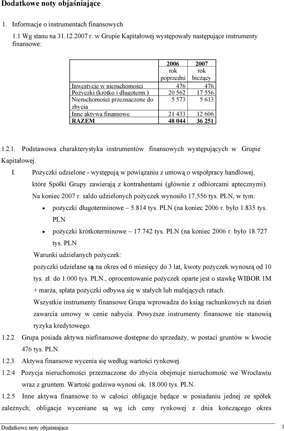 ) 20 562 17 556 Nieruchomości przeznaczone do 5 573 5 613 zbycia Inne aktywa finansowe 21 433 12 606 RAZEM 48 044 36 251 1.2.1. Podstawowa charakterystyka instrumentów finansowych występujących w Grupie Kapitałowej.