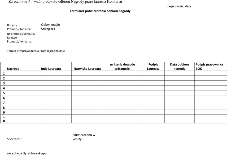 Termin przeprowadzenia Promocji/Konkursu: 1 2 3 4 5 6 7 8 9 1 0 Nagroda Imię Laureata Nazwisko Laureata nr i seria