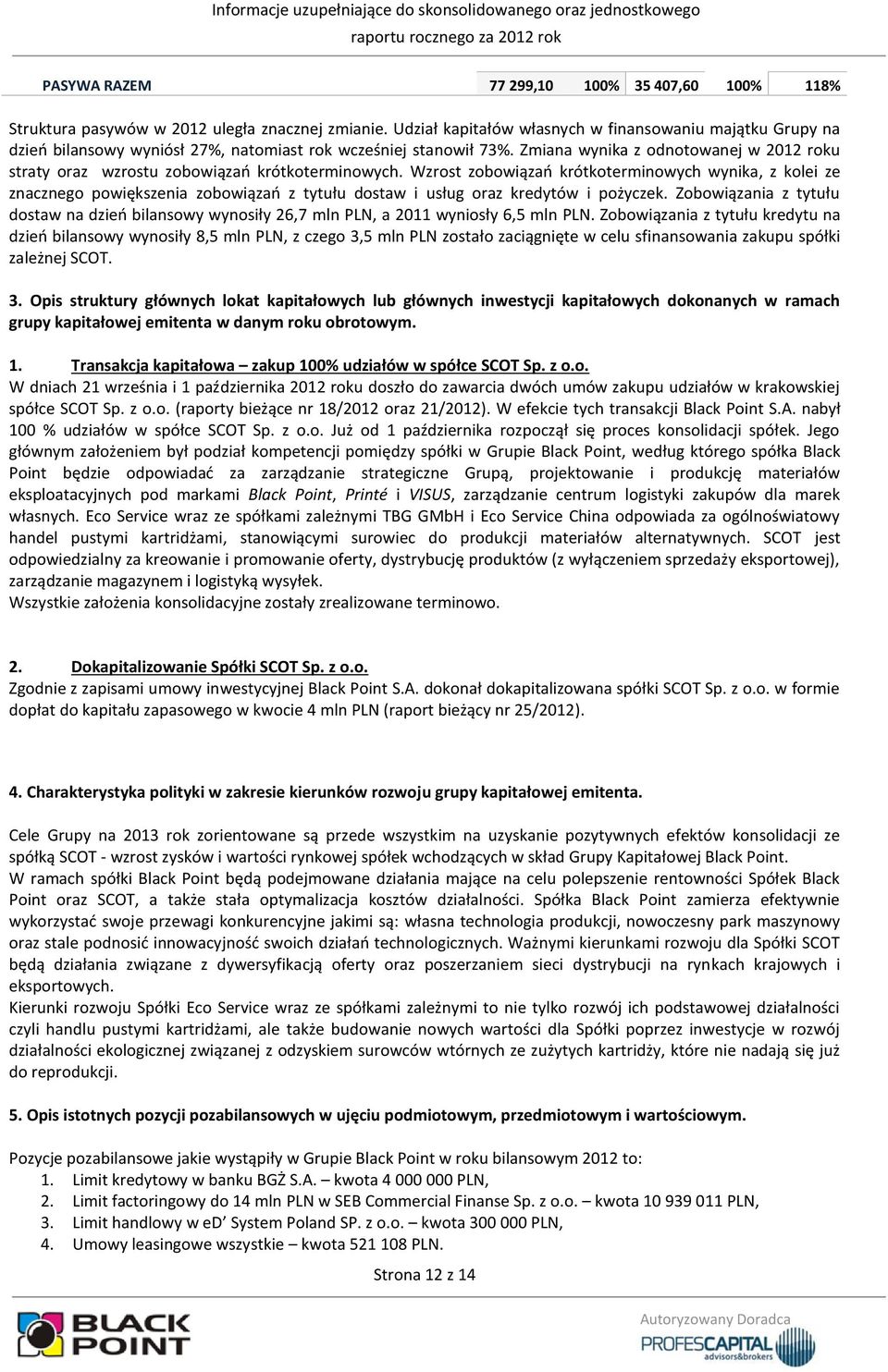 Zmiana wynika z odnotowanej w 2012 roku straty oraz wzrostu zobowiązań krótkoterminowych.