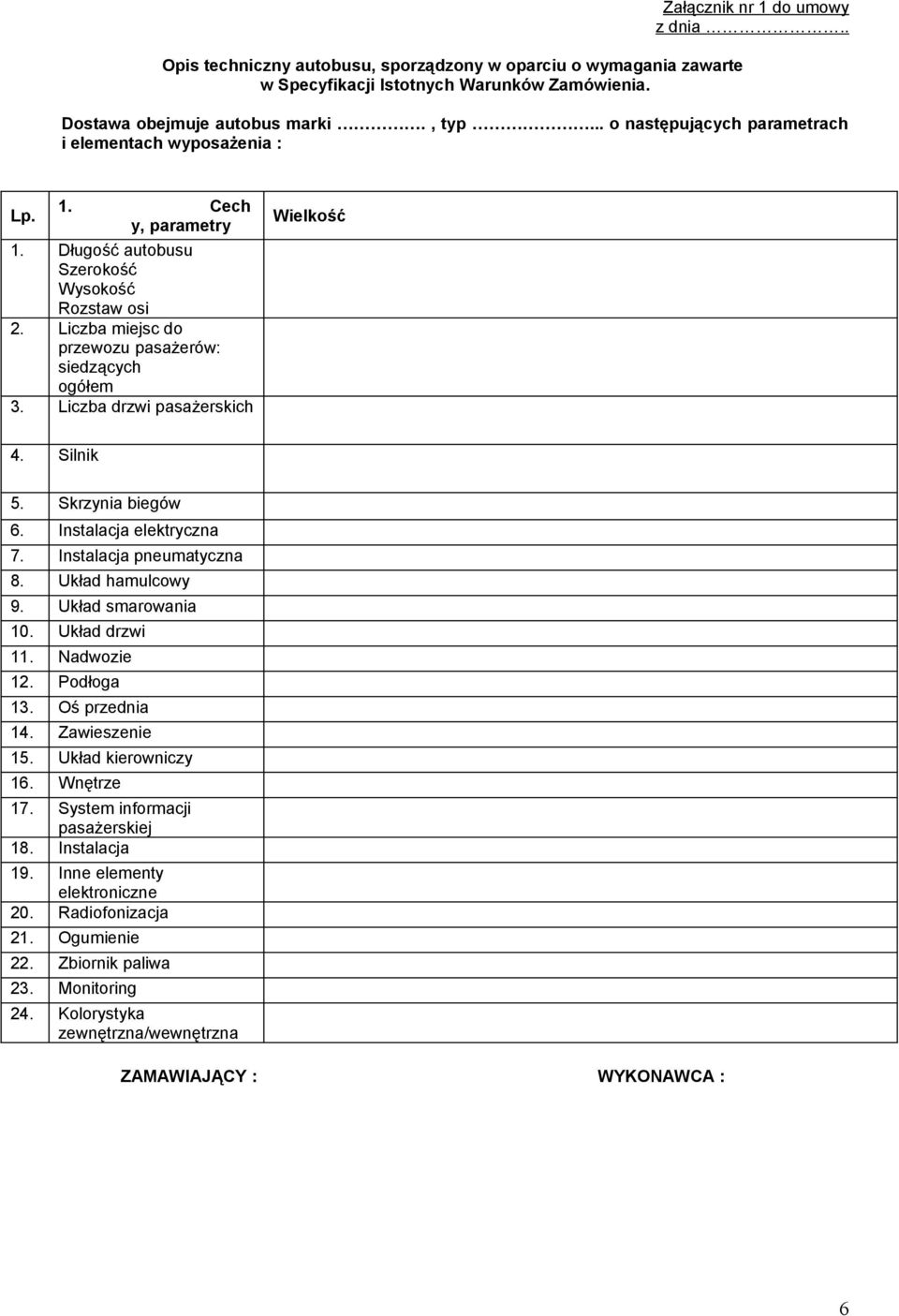 Liczba drzwi pasażerskich Wielkość 4. Silnik 5. Skrzynia biegów 6. Instalacja elektryczna 7. Instalacja pneumatyczna 8. Układ hamulcowy 9. Układ smarowania 10. Układ drzwi 11. Nadwozie 12. Podłoga 13.