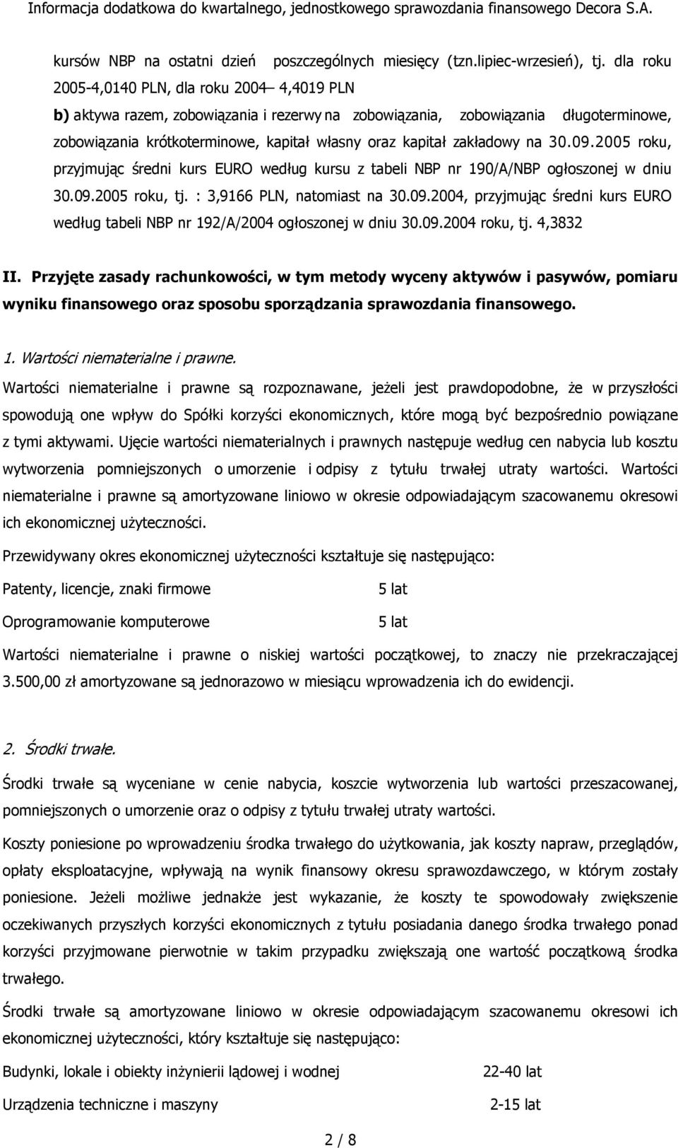 zakładowy na 30.09.2005 roku, przyjmując średni kurs EURO według kursu z tabeli NBP nr 190/A/NBP ogłoszonej w dniu 30.09.2005 roku, tj. : 3,9166 PLN, natomiast na 30.09.2004, przyjmując średni kurs EURO według tabeli NBP nr 192/A/2004 ogłoszonej w dniu 30.