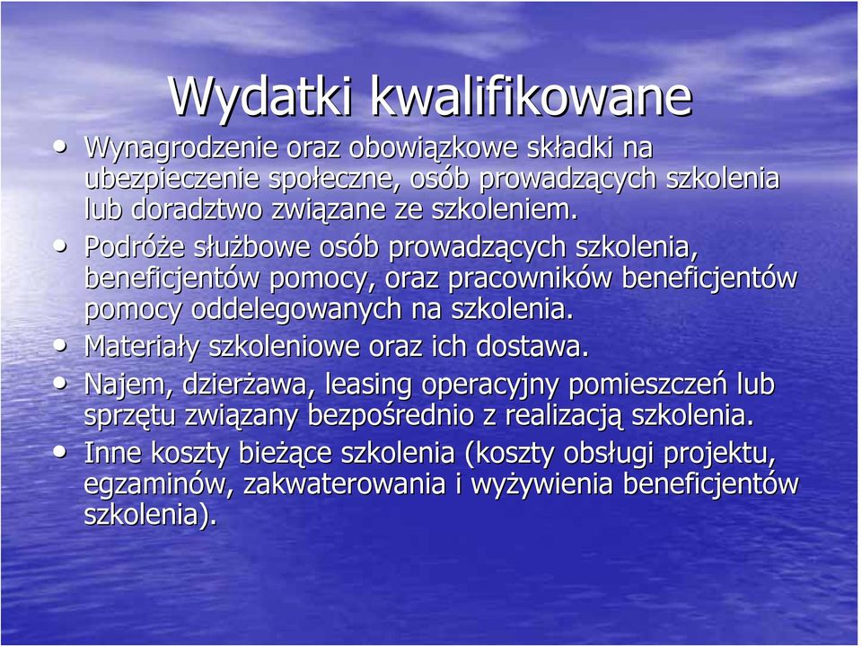 Podróże e służbowe s osób b prowadzących szkolenia, beneficjentów w pomocy, oraz pracowników w beneficjentów pomocy oddelegowanych na szkolenia.