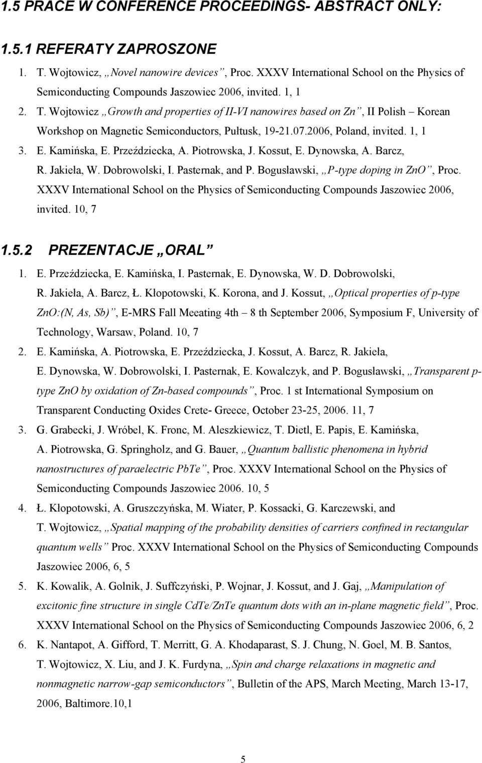 Wojtowicz Growth and properties of II-VI nanowires based on Zn, II Polish Korean Workshop on Magnetic Semiconductors, Pułtusk, 19-21.07.2006, Poland, invited. 1, 1 3. E. Kamińska, E. Przeździecka, A.