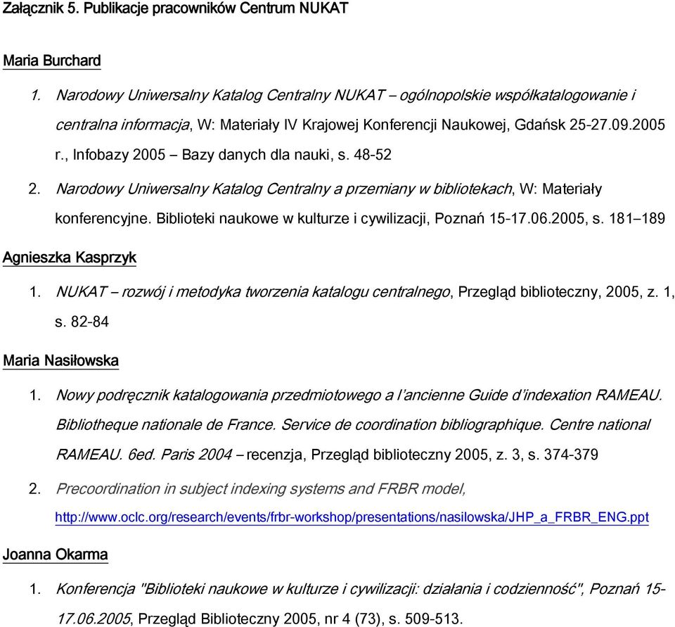 , Infobazy 2005 Bazy danych dla nauki, s. 48-52 2. Narodowy Uniwersalny Katalog Centralny a przemiany w bibliotekach, W: Materiały konferencyjne.