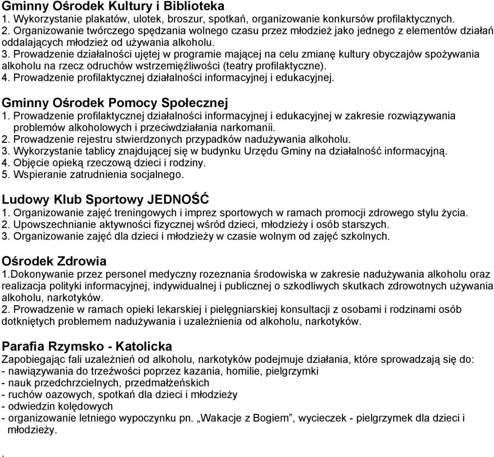 Prowadzenie działalności ujętej w programie mającej na celu zmianę kultury obyczajów spożywania alkoholu na rzecz odruchów wstrzemięźliwości (teatry profilaktyczne). 4.