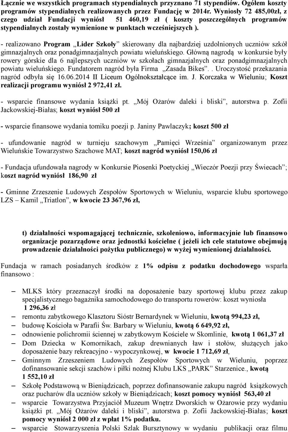 - realizowano Program Lider Szkoły skierowany dla najbardziej uzdolnionych uczniów szkół gimnazjalnych oraz ponadgimnazjalnych powiatu wieluńskiego.
