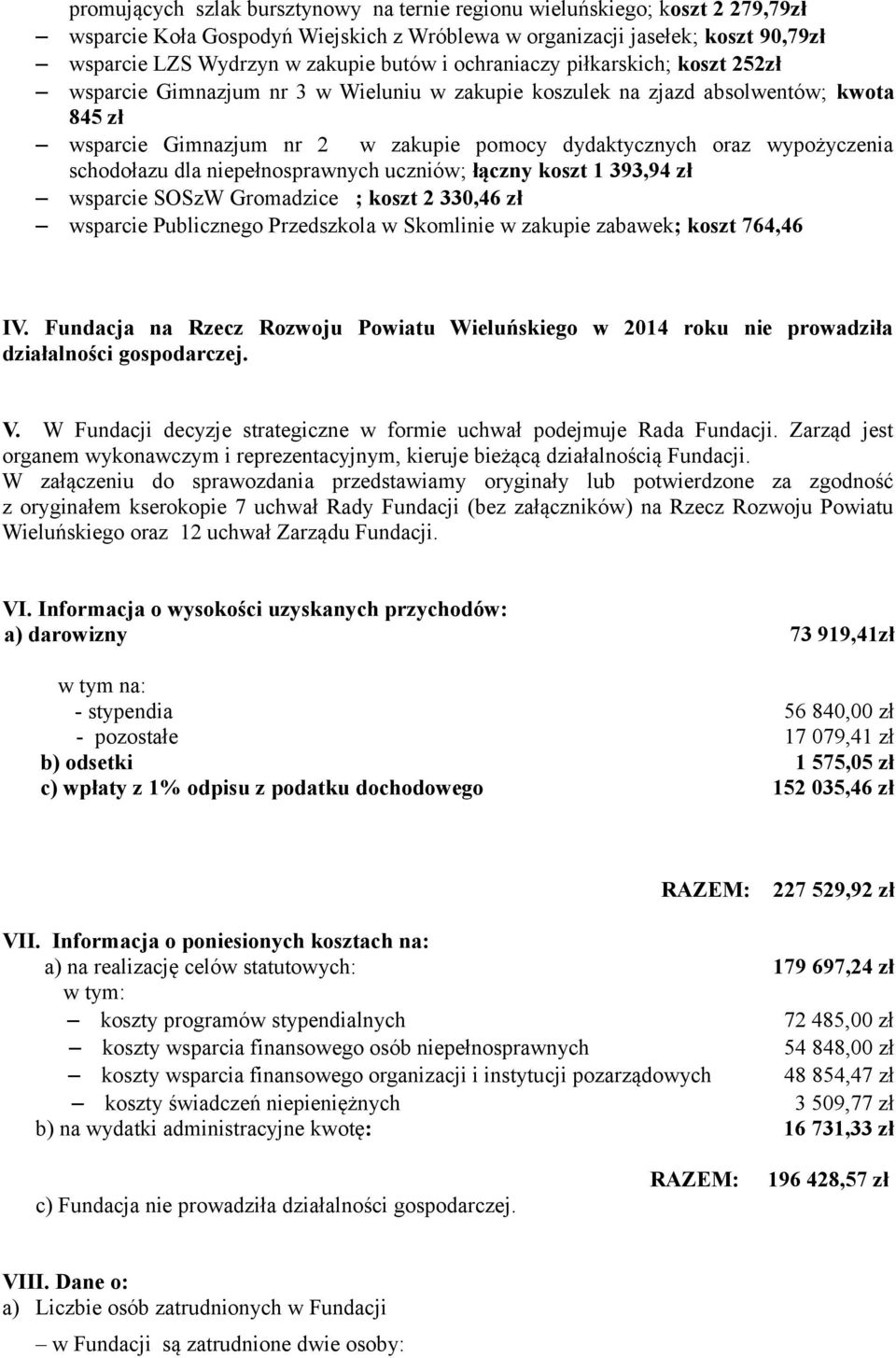 schodołazu dla niepełnosprawnych uczniów; łączny koszt 1 393,94 zł wsparcie SOSzW Gromadzice ; koszt 2 330,46 zł wsparcie Publicznego Przedszkola w Skomlinie w zakupie zabawek; koszt 764,46 IV.