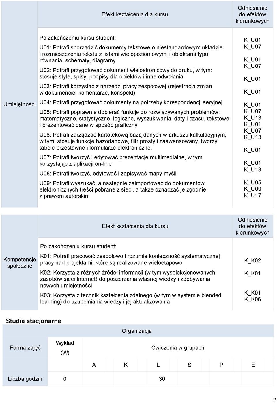 zmian w dokumencie, komentarze, konspekt) U04: Potrafi przygotować dokumenty na potrzeby korespondencji seryjnej U05: Potrafi poprawnie dobierać funkcje do rozwiązywanych problemów: matematyczne,