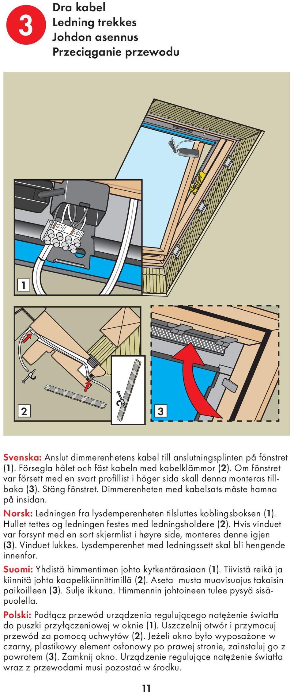 Dimmerenheten med kabelsats måste hamna på insidan. Norsk: Ledningen fra lysdemperenheten tilsluttes koblingsboksen (1). Hullet tettes og ledningen festes med ledningsholdere (2).