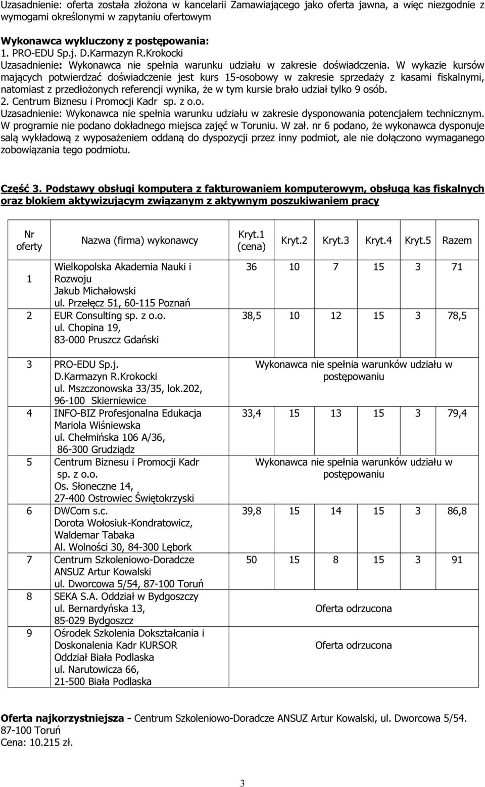 2. Centrum Biznesu i Promocji Kadr sp. z o.o. Uzasadnienie: Wykonawca nie spełnia warunku udziału w zakresie dysponowania potencjałem technicznym.