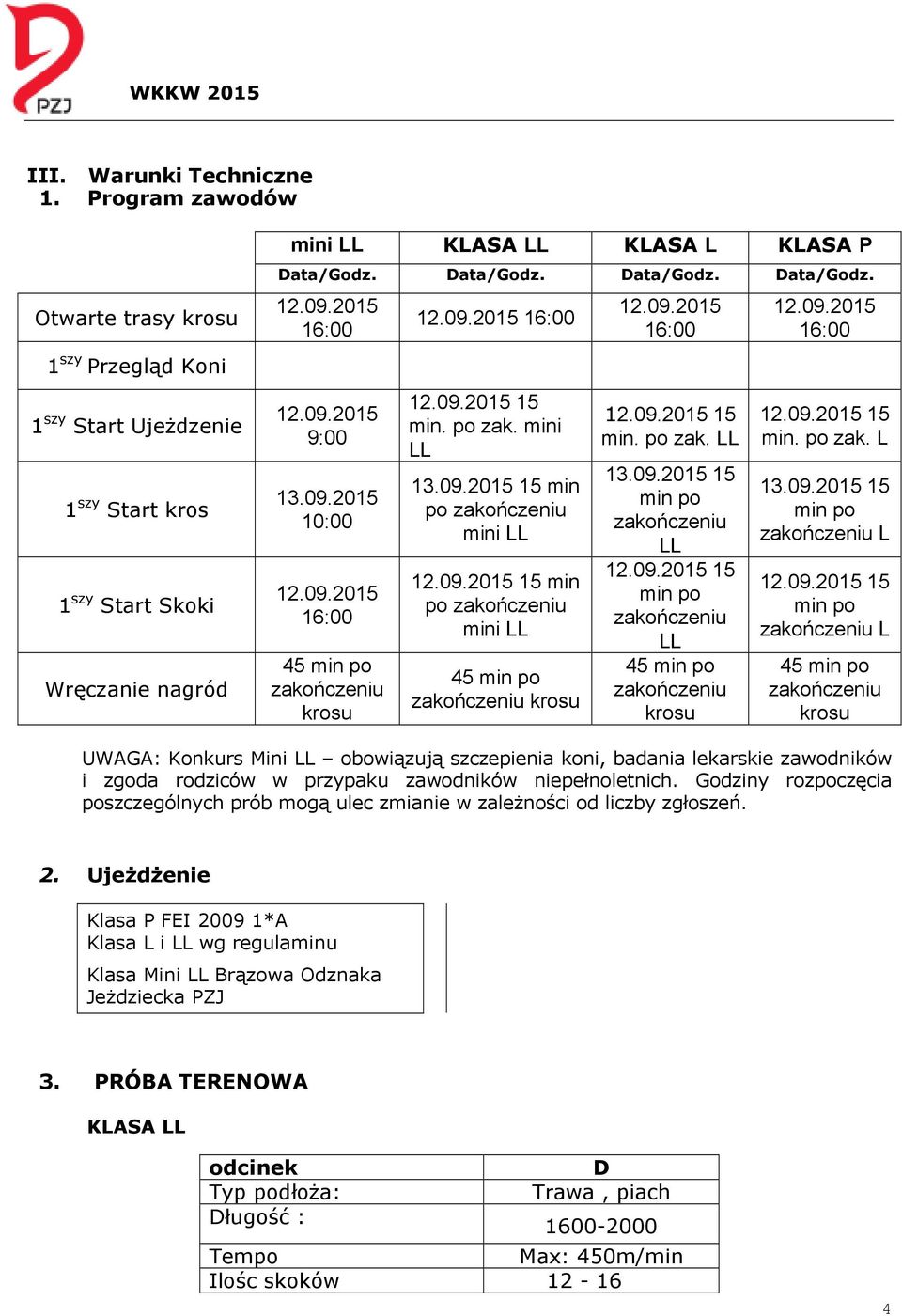 09.2015 10:00 16:00 45 min po krosu 16:00 15 min. po zak. mini LL 13.09.2015 15 min po mini LL 15 min po mini LL 45 min po krosu 16:00 15 min. po zak. LL 13.09.2015 15 min po LL 15 min po LL 45 min po krosu 16:00 15 min.