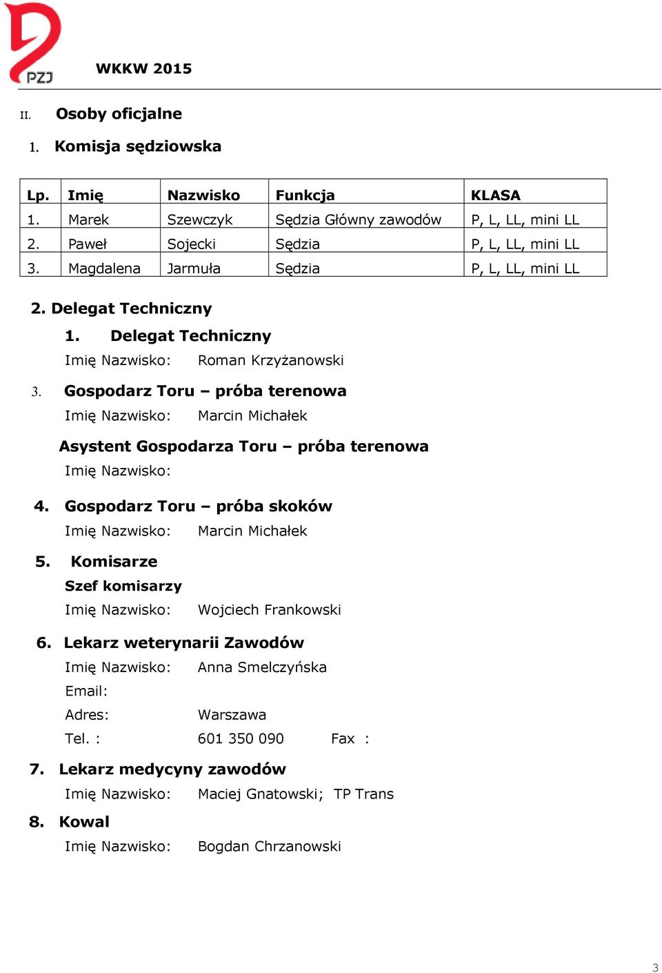 Gospodarz Toru próba terenowa Imię Nazwisko: Marcin Michałek Asystent Gospodarza Toru próba terenowa Imię Nazwisko: 4. Gospodarz Toru próba skoków Imię Nazwisko: Marcin Michałek 5.