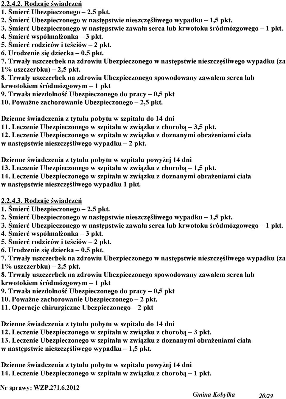 Trwały uszczerbek na zdrowiu Ubezpieczonego w następstwie nieszczęśliwego wypadku (za 1% uszczerbku) 2,5 pkt. 8.