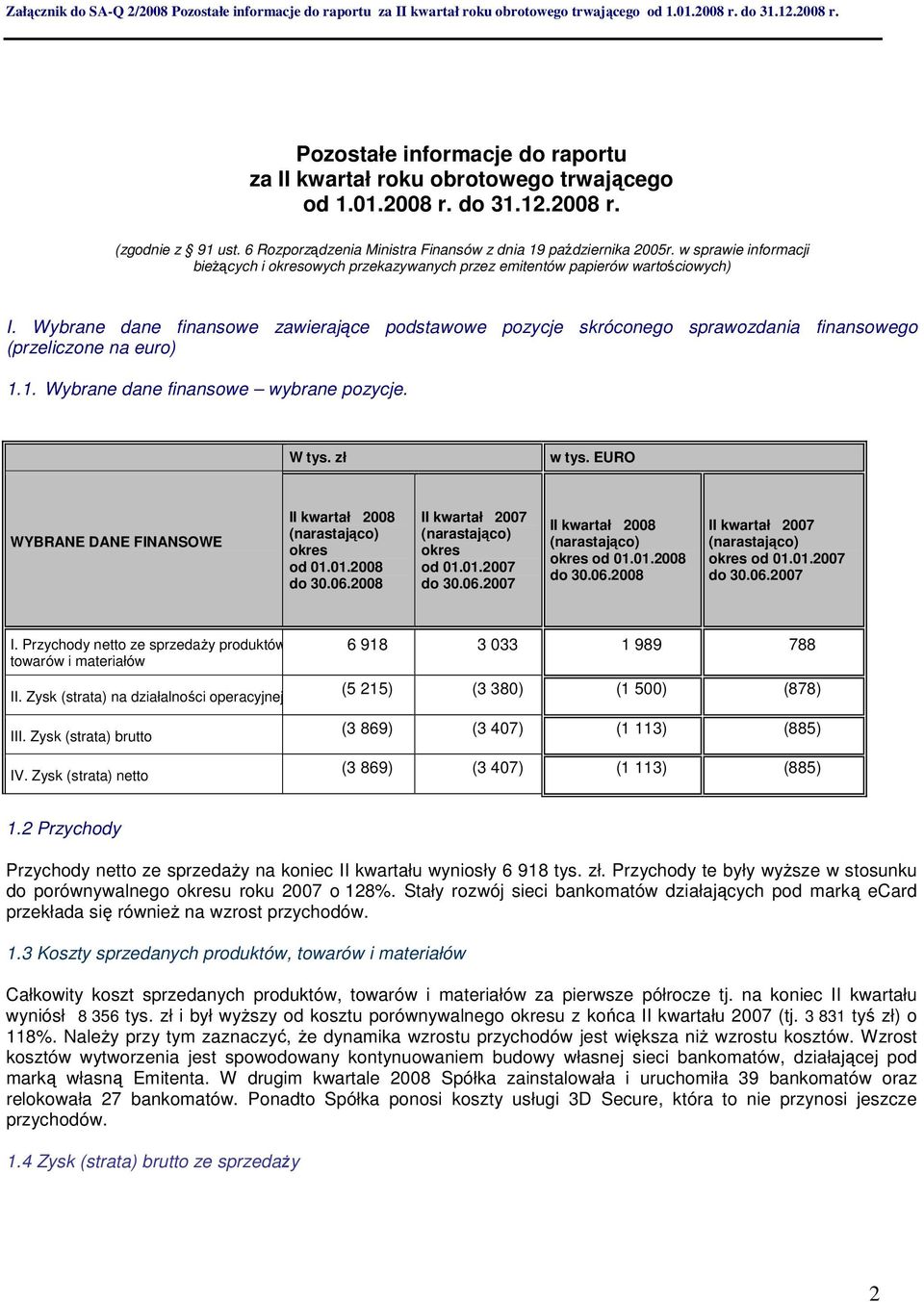 Wybrane dane finansowe zawierające podstawowe pozycje skróconego sprawozdania finansowego (przeliczone na euro) 1.1. Wybrane dane finansowe wybrane pozycje. W tys. zł w tys.