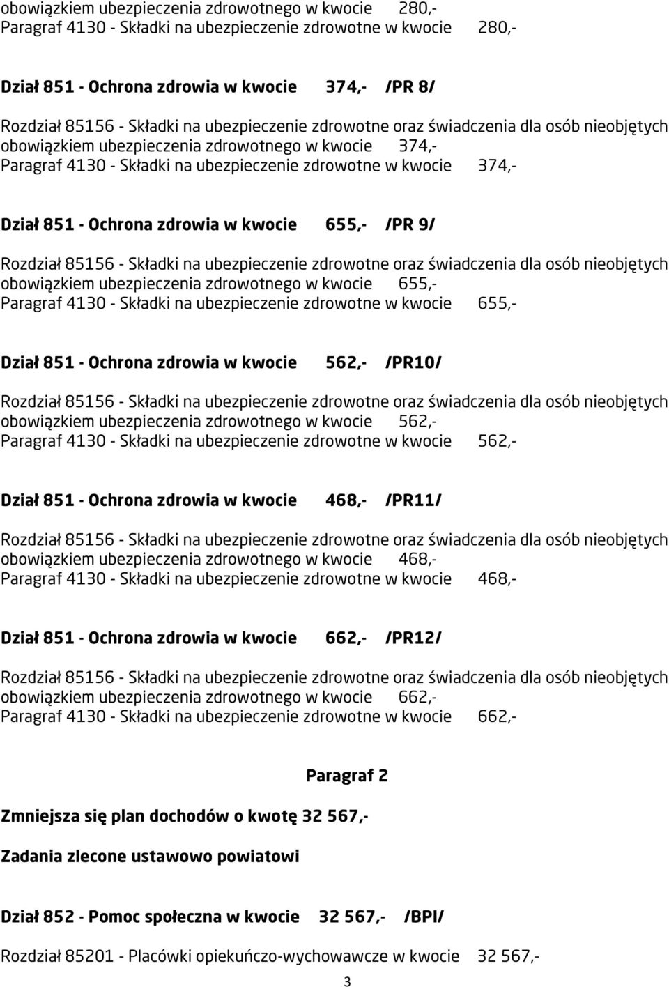 Paragraf 4130 - Składki na ubezpieczenie zdrowotne w kwocie 655,- Dział 851 - Ochrona zdrowia w kwocie 562,- /PR10/ obowiązkiem ubezpieczenia zdrowotnego w kwocie 562,- Paragraf 4130 - Składki na