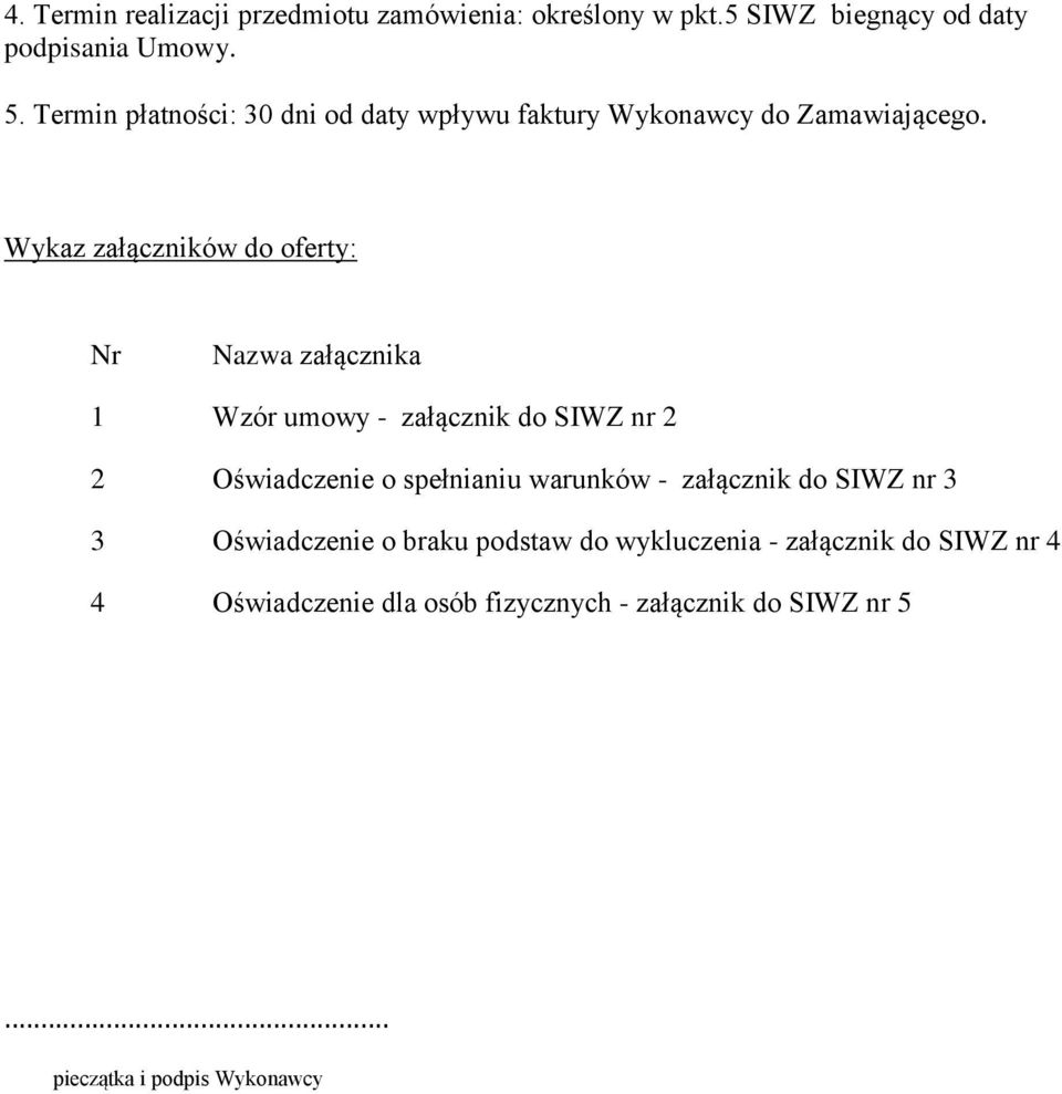 Wykaz załączników do oferty: Nr Nazwa załącznika 1 Wzór umowy - załącznik do SIWZ nr 2 2 Oświadczenie o spełnianiu