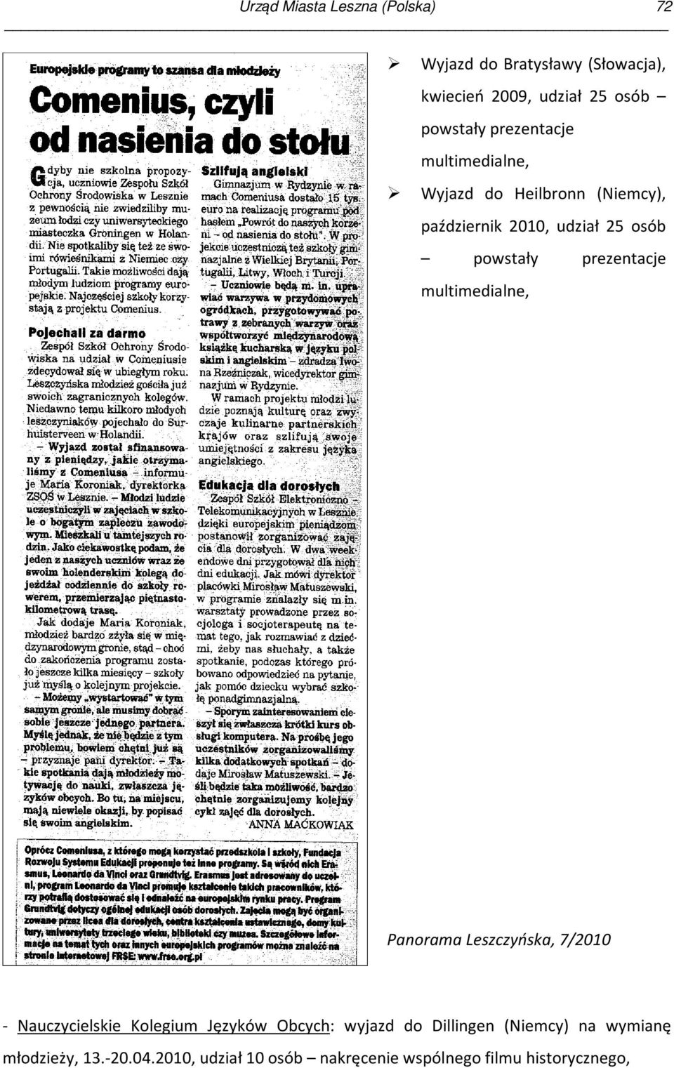 prezentacje multimedialne, Panorama Leszczyńska, 7/2010 - Nauczycielskie Kolegium Języków Obcych: wyjazd