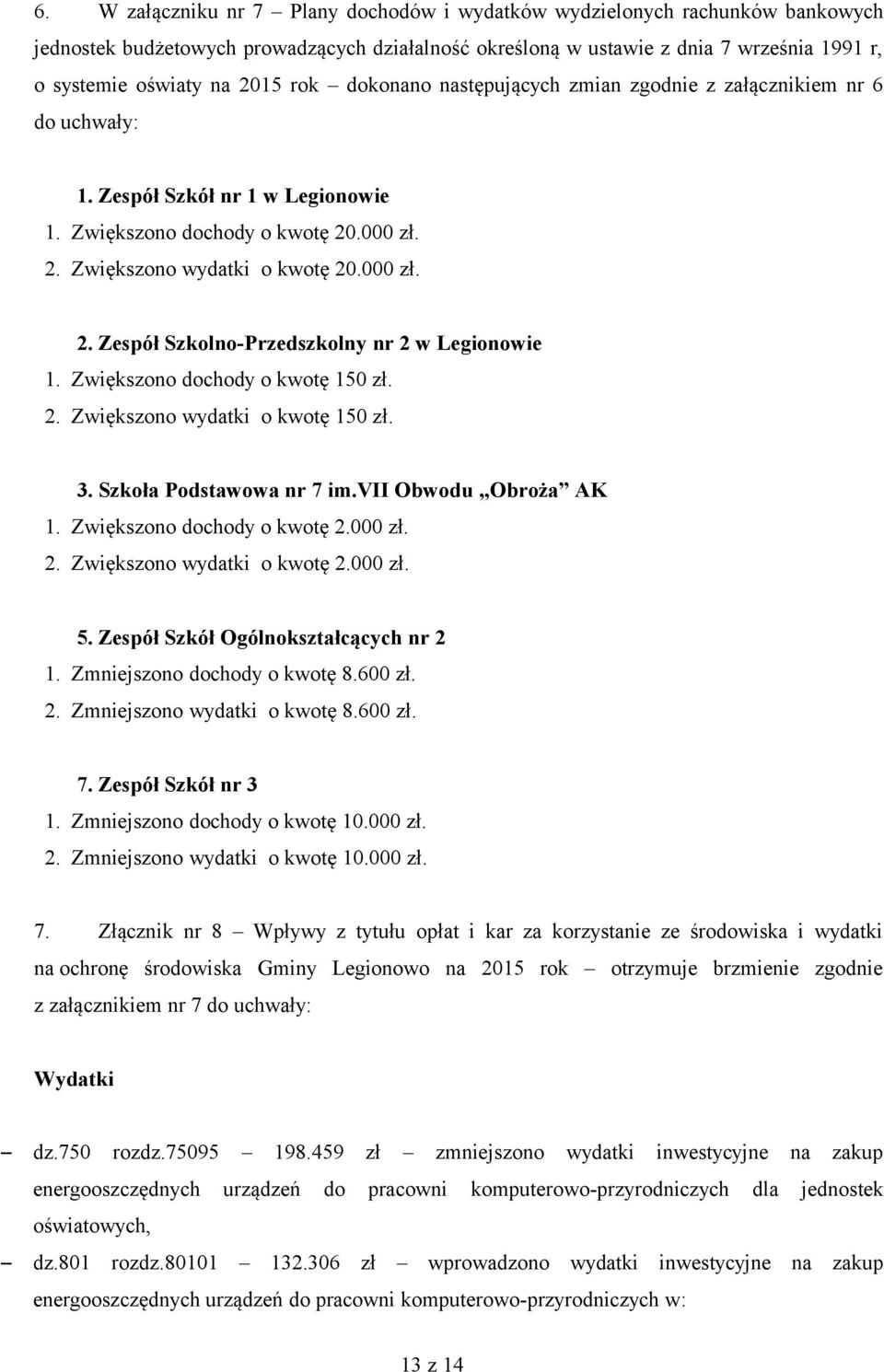 Zwiększono dochody o kwotę 150 zł. 2. Zwiększono wydatki o kwotę 150 zł. 3. Szkoła Podstawowa nr 7 im.vii Obwodu Obroża AK 1. Zwiększono dochody o kwotę 2.000 zł. 2. Zwiększono wydatki o kwotę 2.