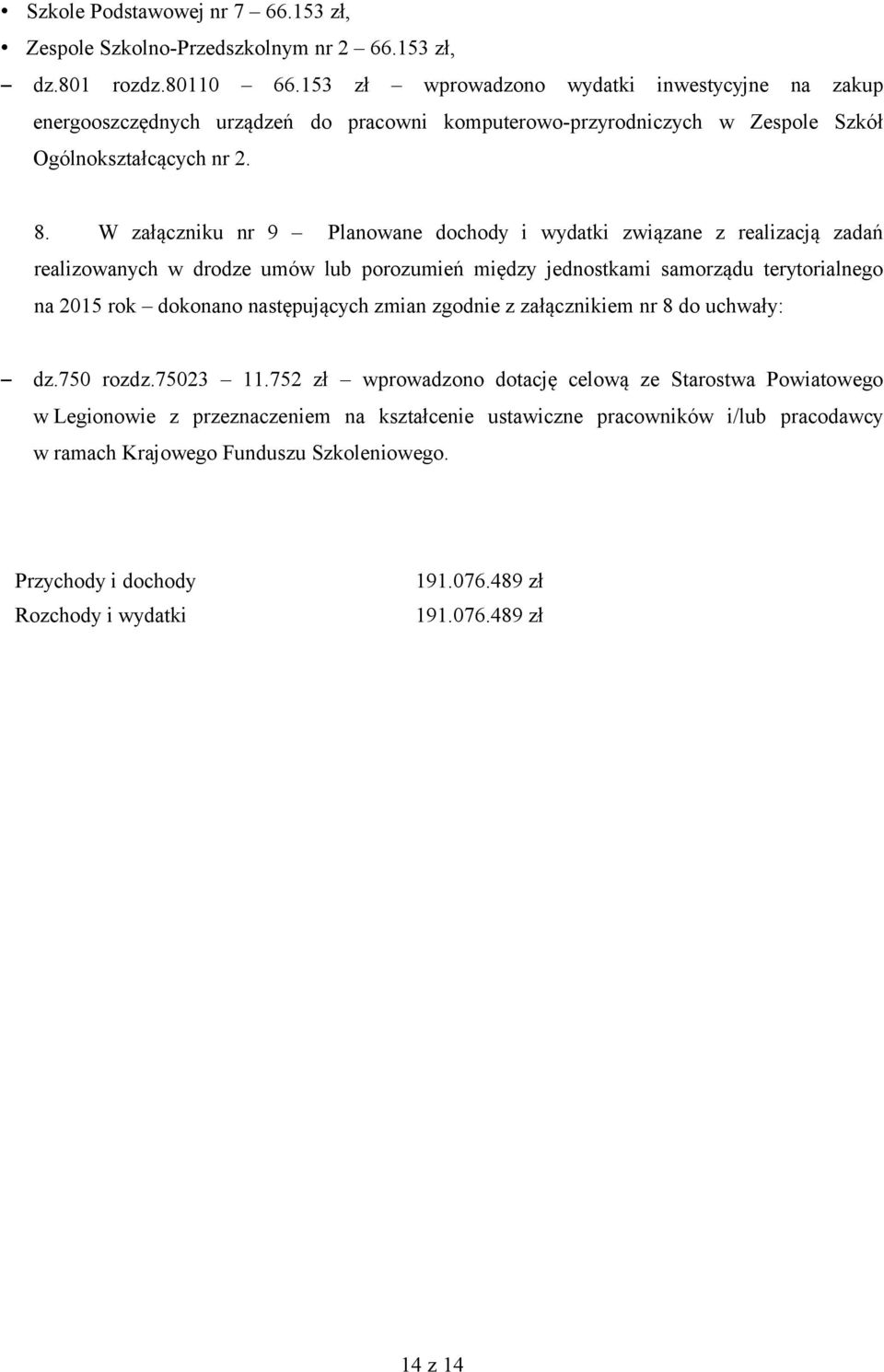 W załączniku nr 9 Planowane dochody i wydatki związane z realizacją zadań realizowanych w drodze umów lub porozumień między jednostkami samorządu terytorialnego na 2015 rok dokonano następujących