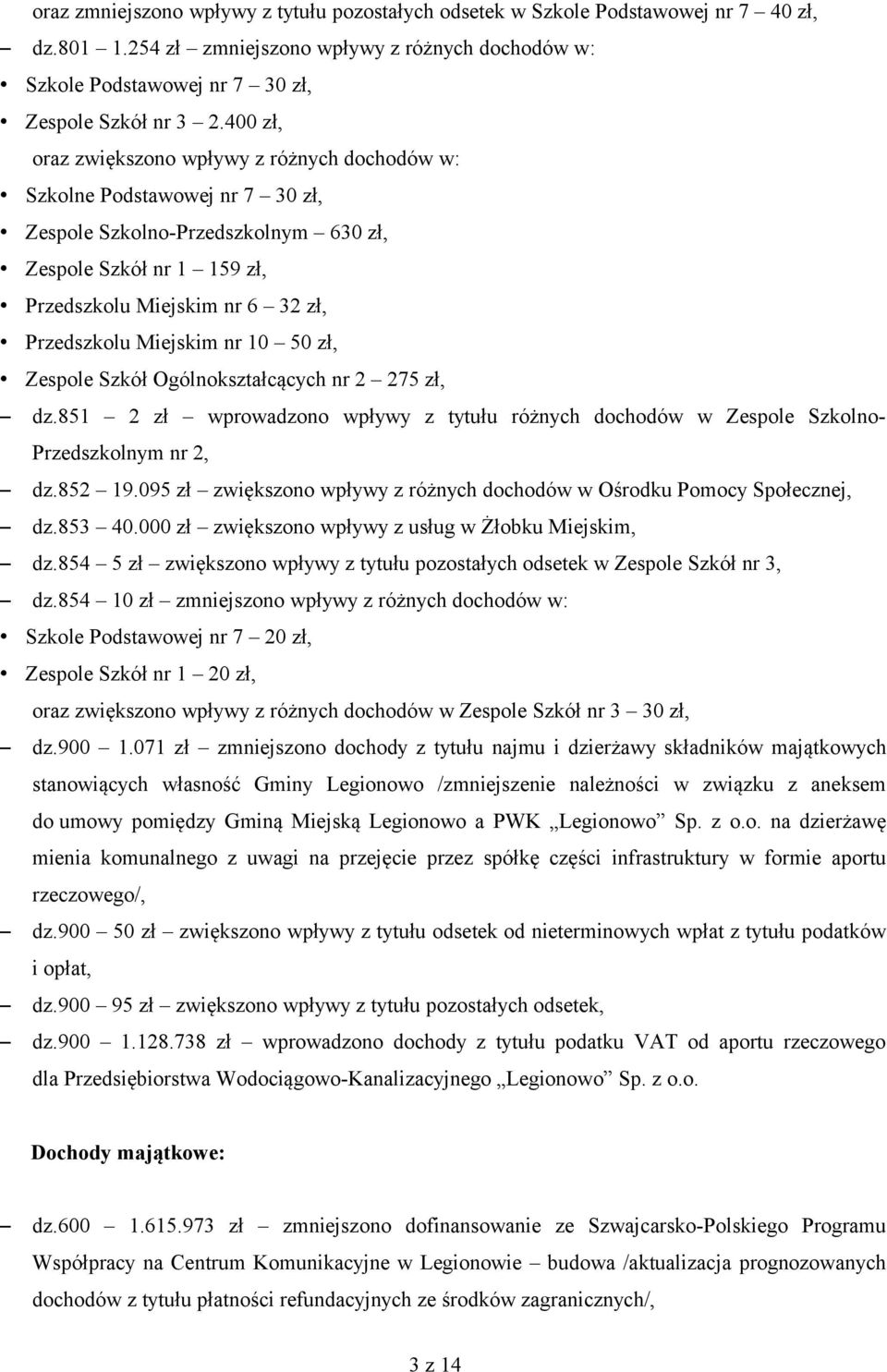 Miejskim nr 10 50 zł, Zespole Szkół Ogólnokształcących nr 2 275 zł, dz.851 2 zł wprowadzono wpływy z tytułu różnych dochodów w Zespole Szkolno- Przedszkolnym nr 2, dz.852 19.