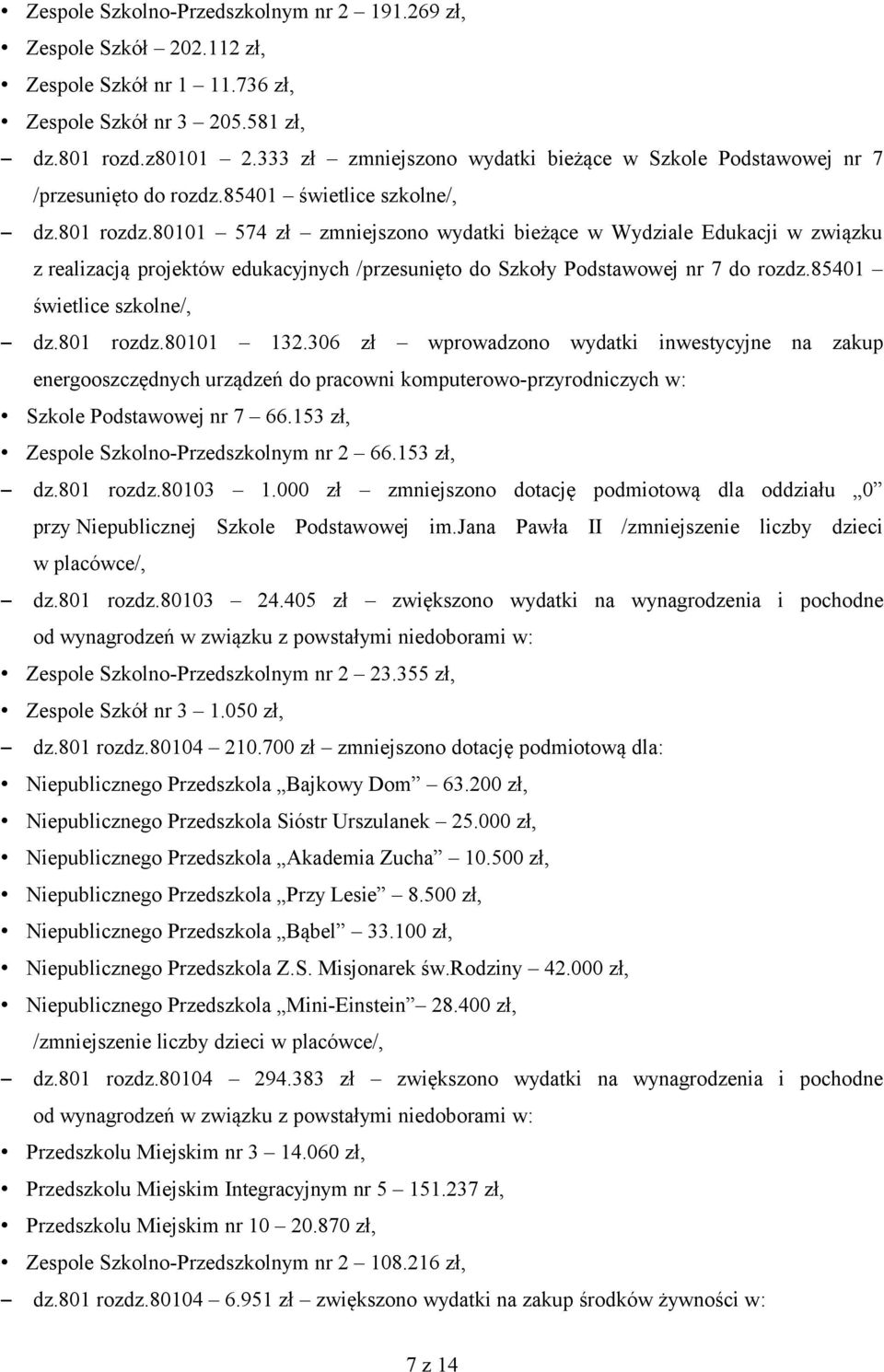 80101 574 zł zmniejszono wydatki bieżące w Wydziale Edukacji w związku z realizacją projektów edukacyjnych /przesunięto do Szkoły Podstawowej nr 7 do rozdz.85401 świetlice szkolne/, dz.801 rozdz.