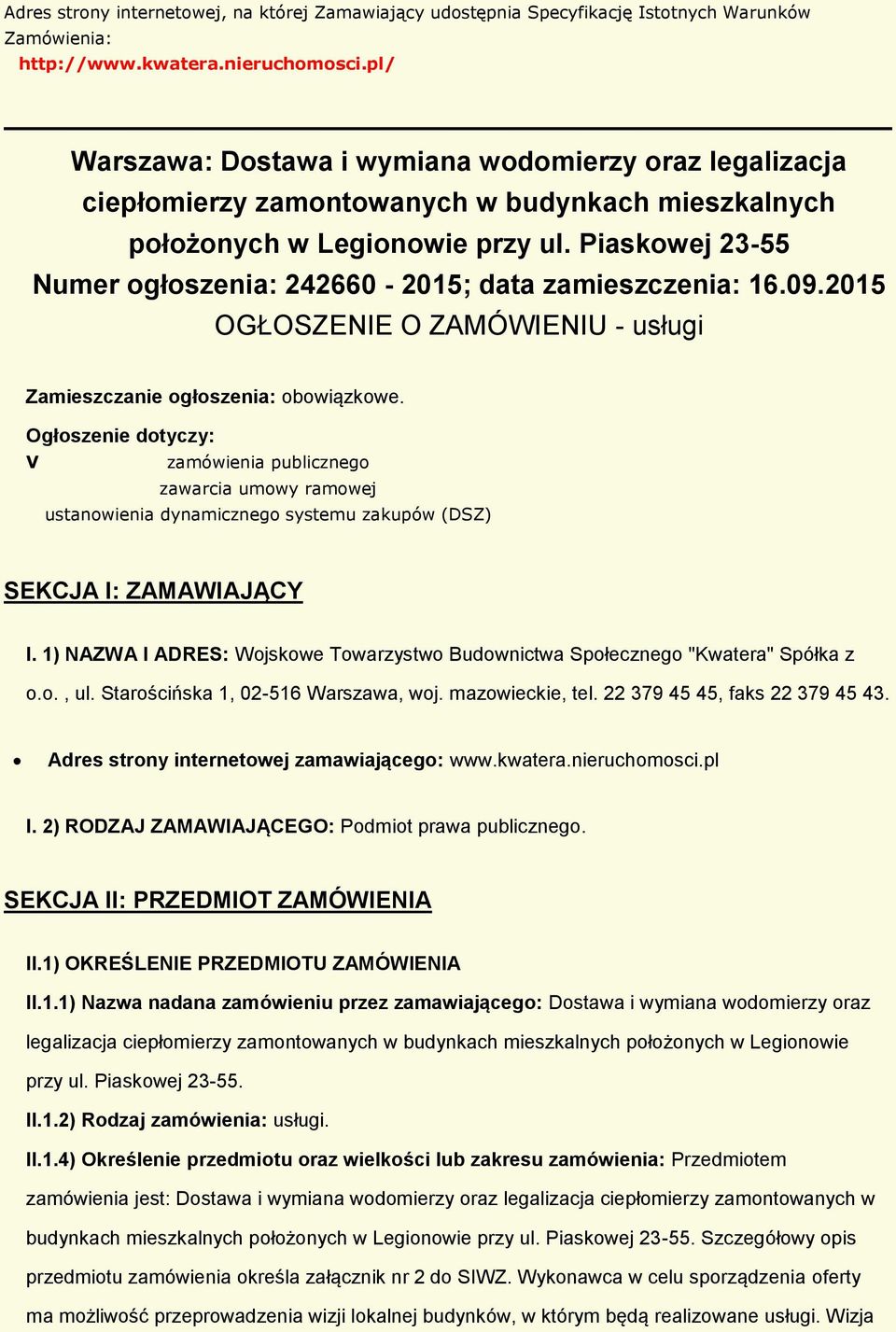 09.2015 OGŁOSZENIE O ZAMÓWIENIU - usługi Zamieszczanie głszenia: bwiązkwe.