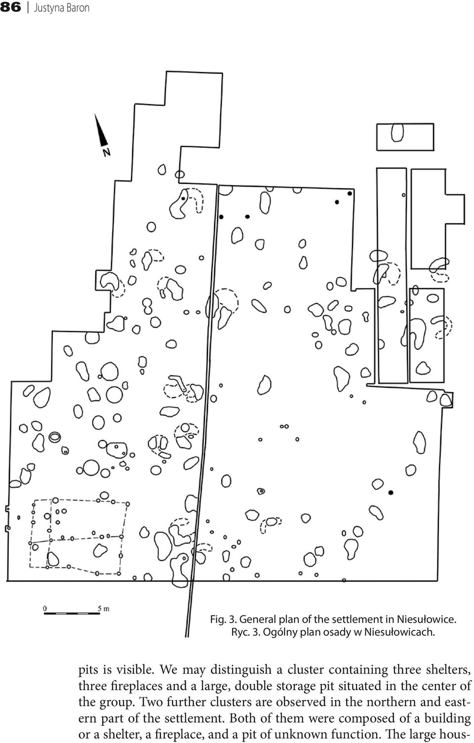 We may distinguish a cluster containing three shelters, three fireplaces and a large, double storage pit situated in