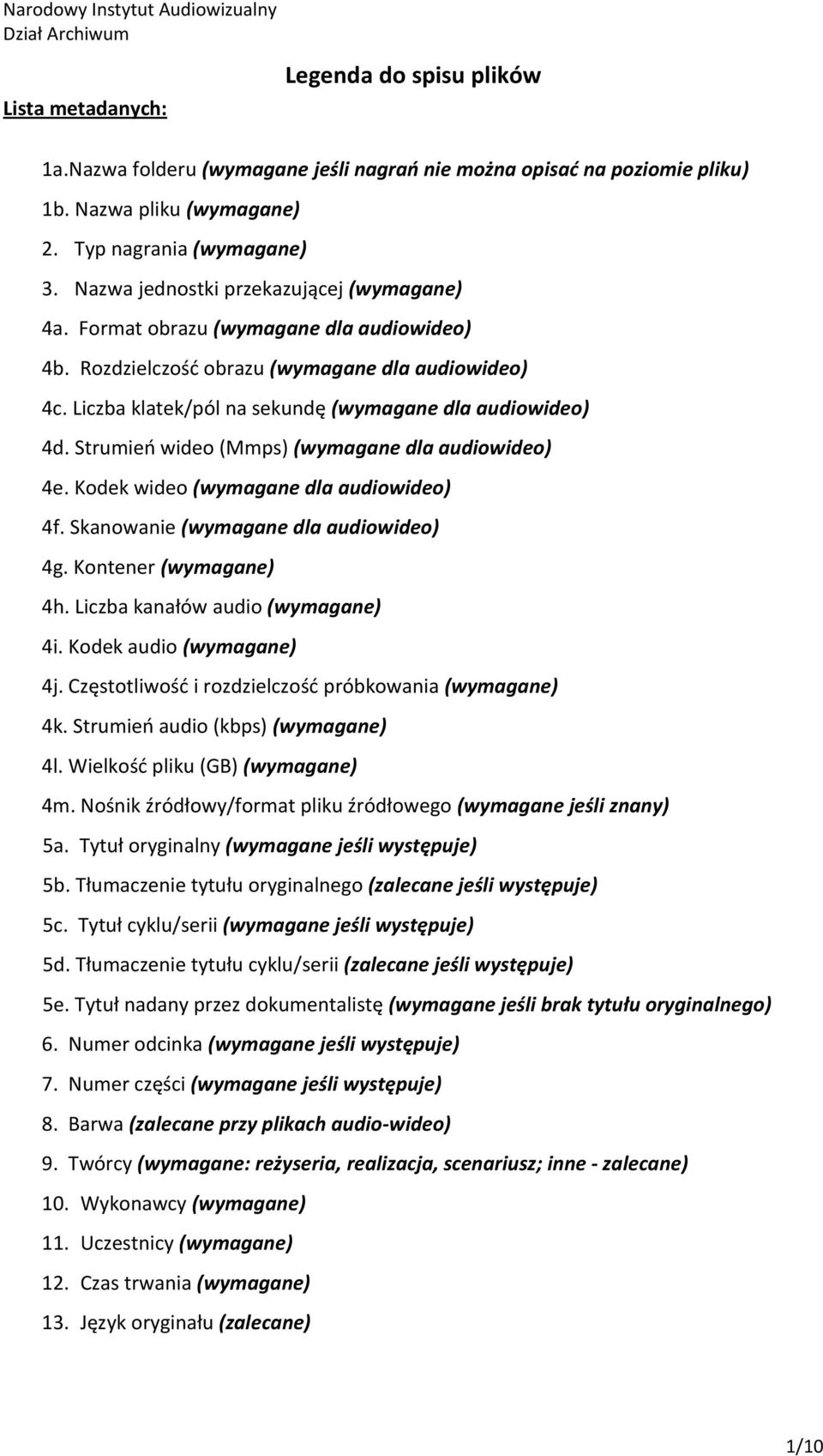 Strumień wideo (Mmps) (wymagane dla audiowideo) 4e. Kodek wideo (wymagane dla audiowideo) 4f. Skanowanie (wymagane dla audiowideo) 4g. Kontener (wymagane) 4h. Liczba kanałów audio (wymagane) 4i.