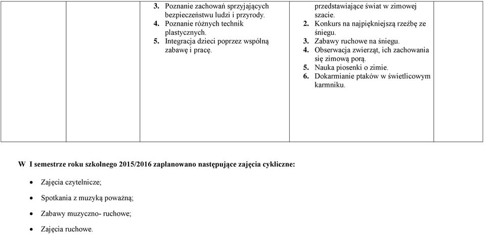 Zabawy ruchowe na śniegu. 4. Obserwacja zwierząt, ich zachowania się zimową porą. 5. Nauka piosenki o zimie. 6.